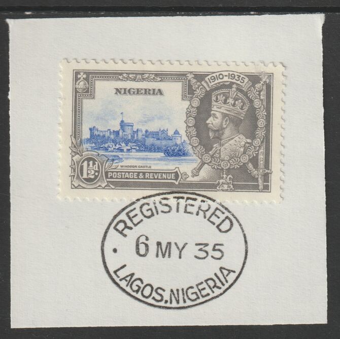 Nigeria 1935 KG5 Silver Jubilee 1.5d (SG 30) on piece with full strike of Madame Joseph forged postmark type 300 (First day of issue), stamps on , stamps on  kg5 , stamps on silver jubilee, stamps on castles