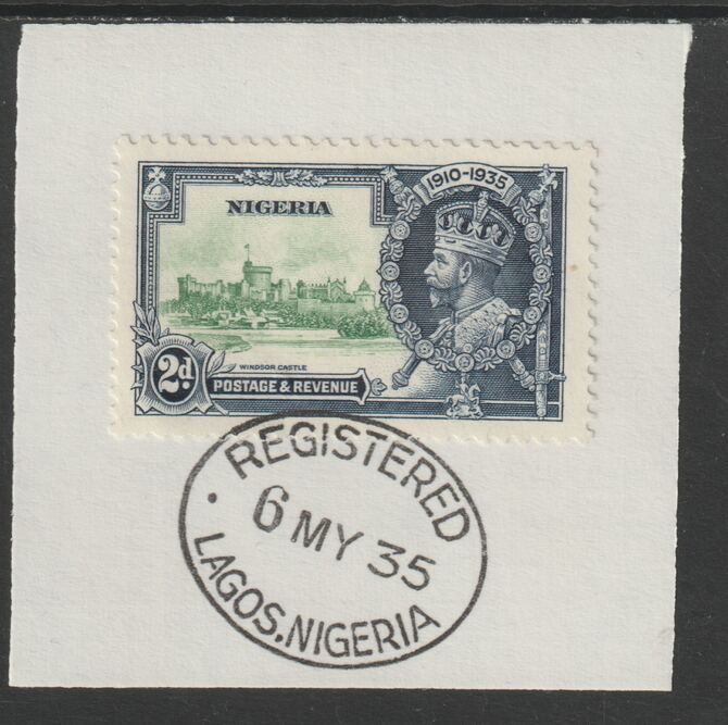 Nigeria 1935 KG5 Silver Jubilee 2d (SG 31) on piece with full strike of Madame Joseph forged postmark type 300 (First day of issue), stamps on , stamps on  kg5 , stamps on silver jubilee, stamps on castles