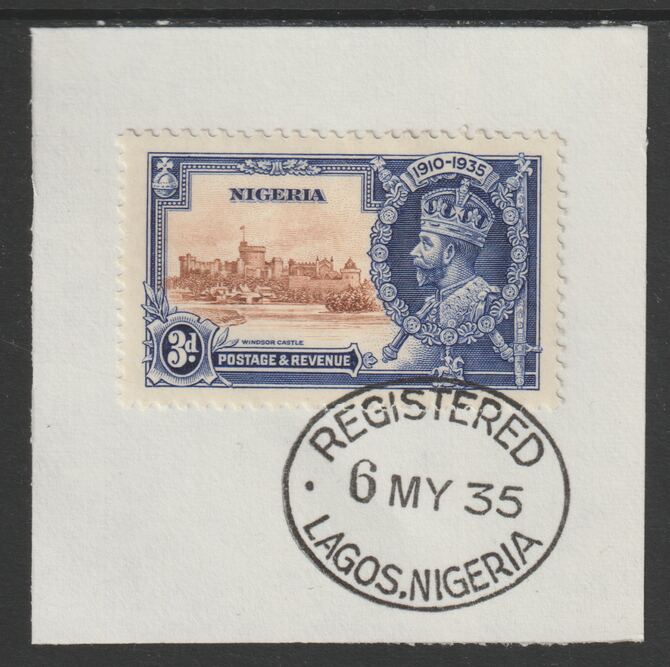 Nigeria 1935 KG5 Silver Jubilee 3d (SG 32) on piece with full strike of Madame Joseph forged postmark type 300 (First day of issue), stamps on , stamps on  stamps on , stamps on  stamps on  kg5 , stamps on  stamps on silver jubilee, stamps on  stamps on castles