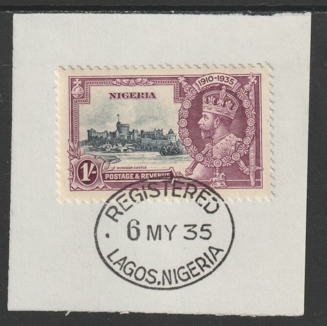 Nigeria 1935 KG5 Silver Jubilee 1s (SG 33) on piece with full strike of Madame Joseph forged postmark type 300 (First day of issue), stamps on , stamps on  kg5 , stamps on silver jubilee, stamps on castles