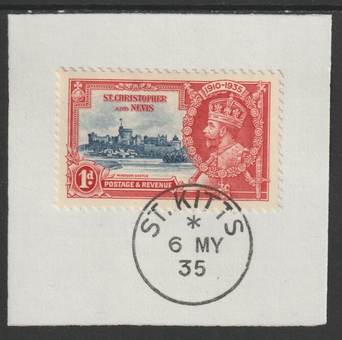 St Kitts-Nevis 1935 KG5 Silver Jubilee 1d (SG 61) on piece with full strike of Madame Joseph forged postmark type 348 (First day of issue), stamps on , stamps on  kg5 , stamps on silver jubilee, stamps on castles