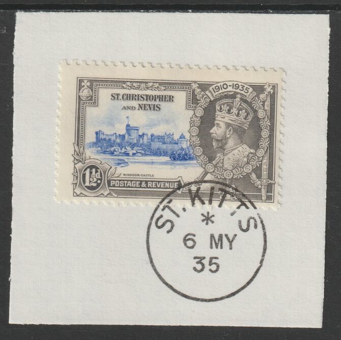 St Kitts-Nevis 1935 KG5 Silver Jubilee 1.5d (SG 62) on piece with full strike of Madame Joseph forged postmark type 348 (First day of issue), stamps on , stamps on  kg5 , stamps on silver jubilee, stamps on castles