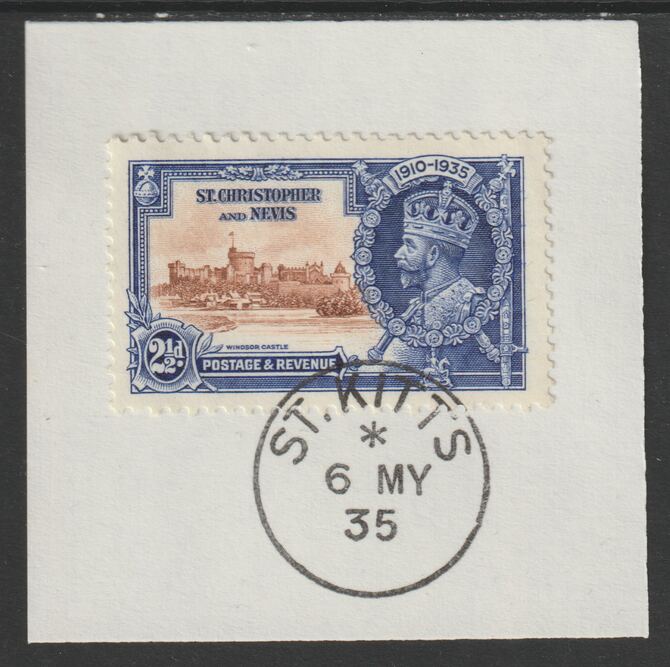 St Kitts-Nevis 1935 KG5 Silver Jubilee 2.5d (SG 63) on piece with full strike of Madame Joseph forged postmark type 348 (First day of issue), stamps on , stamps on  stamps on , stamps on  stamps on  kg5 , stamps on  stamps on silver jubilee, stamps on  stamps on castles
