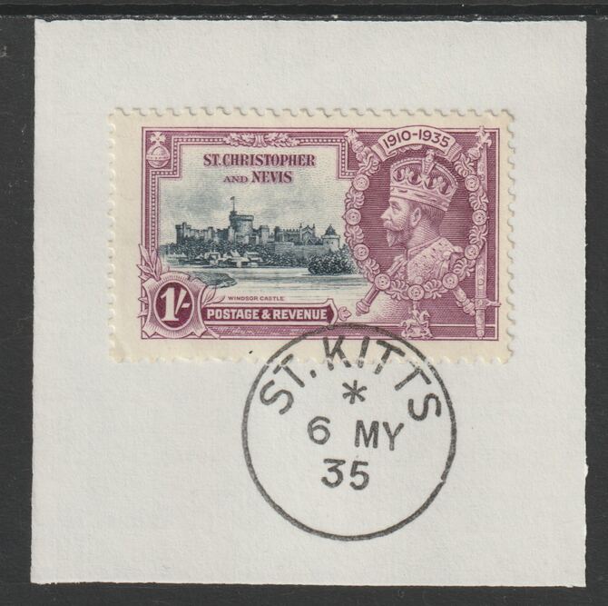 St Kitts-Nevis 1935 KG5 Silver Jubilee 1s (SG 64) on piece with full strike of Madame Joseph forged postmark type 348 (First day of issue), stamps on , stamps on  stamps on , stamps on  stamps on  kg5 , stamps on  stamps on silver jubilee, stamps on  stamps on castles