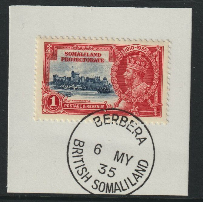 Somaliland 1935 KG5 Silver Jubilee 1a (SG 86) on piece with full strike of Madame Joseph forged postmark type 100 (First day of issue), stamps on , stamps on  stamps on , stamps on  stamps on  kg5 , stamps on  stamps on silver jubilee, stamps on  stamps on castles