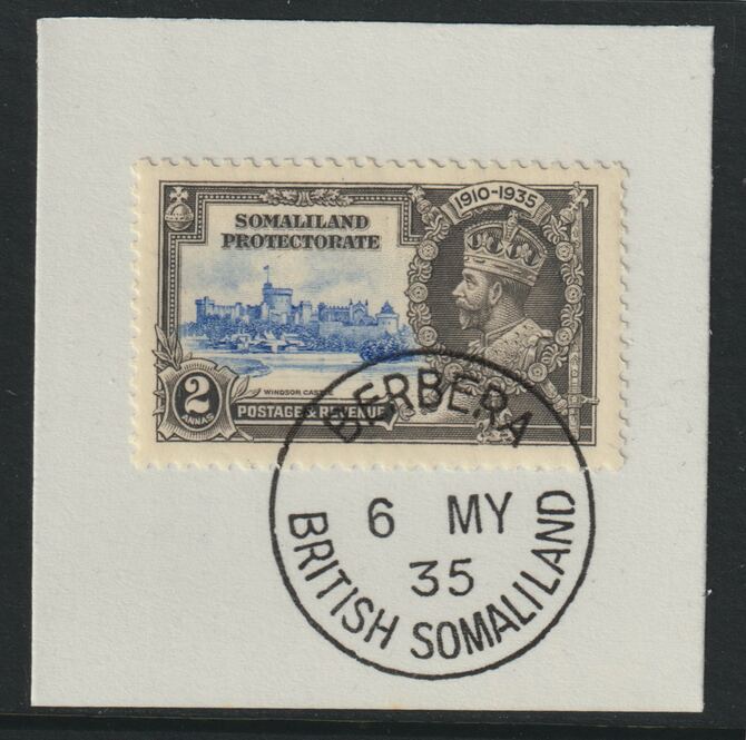 Somaliland 1935 KG5 Silver Jubilee 2a (SG 87) on piece with full strike of Madame Joseph forged postmark type 100 (First day of issue), stamps on , stamps on  stamps on , stamps on  stamps on  kg5 , stamps on  stamps on silver jubilee, stamps on  stamps on castles