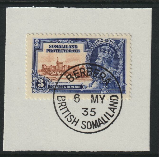 Somaliland 1935 KG5 Silver Jubilee 3a (SG 88) on piece with full strike of Madame Joseph forged postmark type 100 (First day of issue), stamps on , stamps on  kg5 , stamps on silver jubilee, stamps on castles