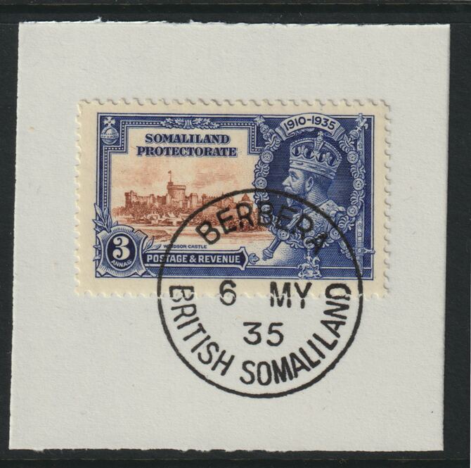 Somaliland 1935 KG5 Silver Jubilee 3a (SG 88) on piece with full strike of Madame Joseph forged postmark type 100 (First day of issue), stamps on , stamps on  stamps on , stamps on  stamps on  kg5 , stamps on  stamps on silver jubilee, stamps on  stamps on castles