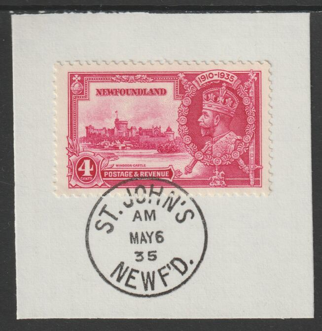 Newfoundland 1935 KG5 Silver Jubilee 4c (SG 250) on piece with full strike of Madame Joseph forged postmark type 272 (First day of issue), stamps on , stamps on  kg5 , stamps on silver jubilee, stamps on castles