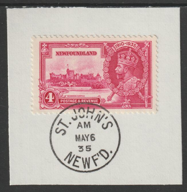 Newfoundland 1935 KG5 Silver Jubilee 4c (SG 250) on piece with full strike of Madame Joseph forged postmark type 272 (First day of issue), stamps on , stamps on  stamps on , stamps on  stamps on  kg5 , stamps on  stamps on silver jubilee, stamps on  stamps on castles