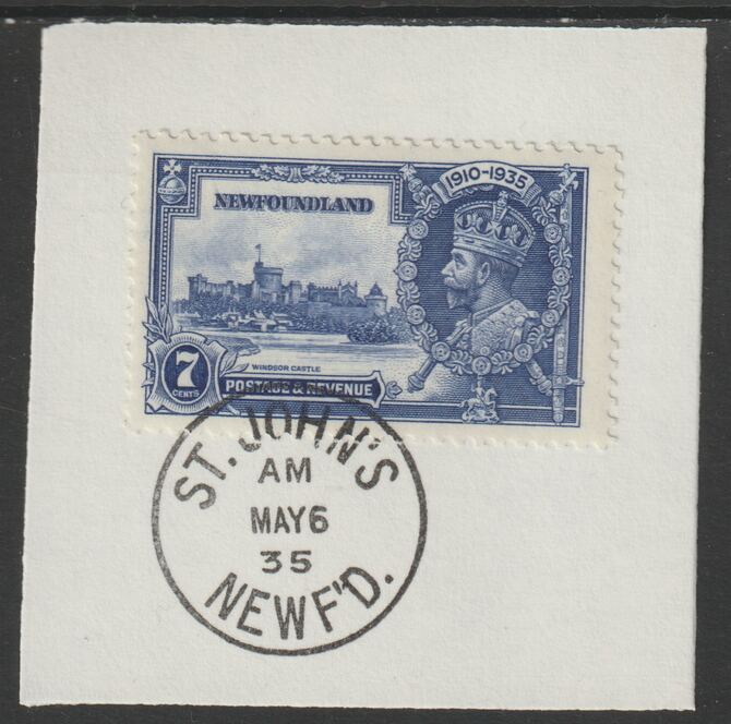 Newfoundland 1935 KG5 Silver Jubilee 7c (SG 252) on piece with full strike of Madame Joseph forged postmark type 272 (First day of issue), stamps on , stamps on  stamps on , stamps on  stamps on  kg5 , stamps on  stamps on silver jubilee, stamps on  stamps on castles