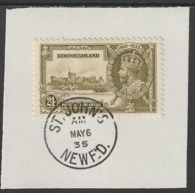 Newfoundland 1935 KG5 Silver Jubilee 24c (SG 253) on piece with full strike of Madame Joseph forged postmark type 272 (First day of issue), stamps on , stamps on  kg5 , stamps on silver jubilee, stamps on castles