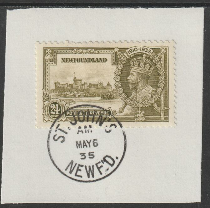 Newfoundland 1935 KG5 Silver Jubilee 24c (SG 253) on piece with full strike of Madame Joseph forged postmark type 272 (First day of issue), stamps on , stamps on  stamps on , stamps on  stamps on  kg5 , stamps on  stamps on silver jubilee, stamps on  stamps on castles