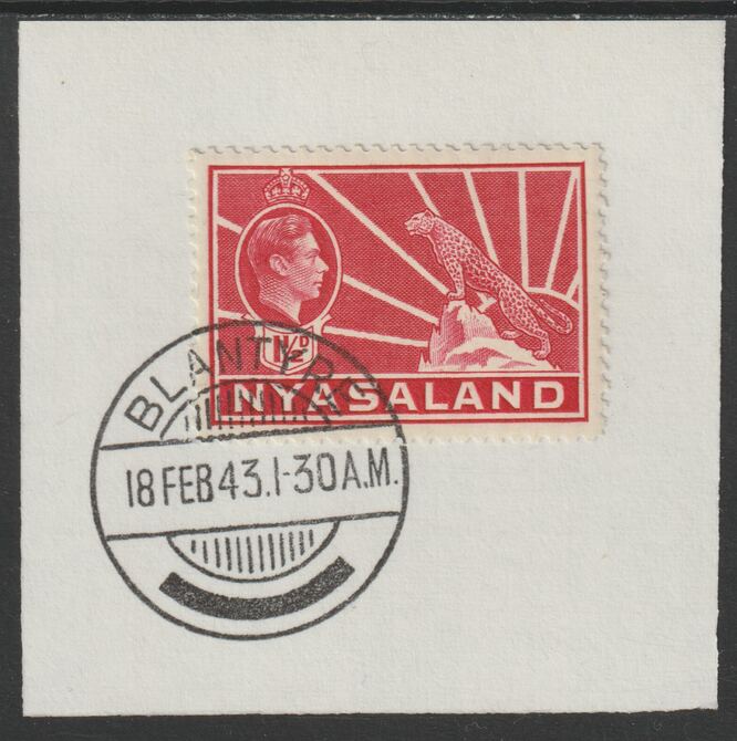 Nyasaland 1938-44 KG6 Leopard Symbol 1,5d carmine SG 132 on piece with full strike of Madame Joseph forged postmark type 317, stamps on leopard, stamps on  kg6 , stamps on forgeries