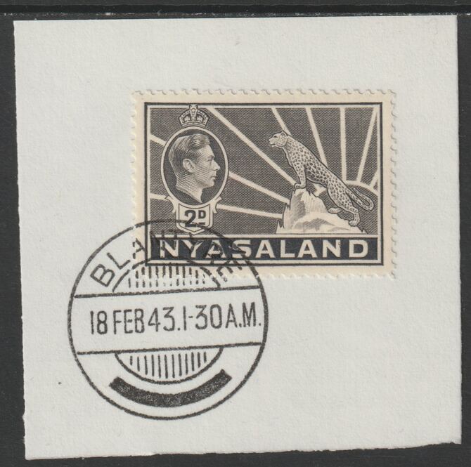 Nyasaland 1938-44 KG6 Leopard Symbol 2d grey SG 133 on piece with full strike of Madame Joseph forged postmark type 317, stamps on , stamps on  stamps on leopard, stamps on  stamps on  kg6 , stamps on  stamps on forgeries