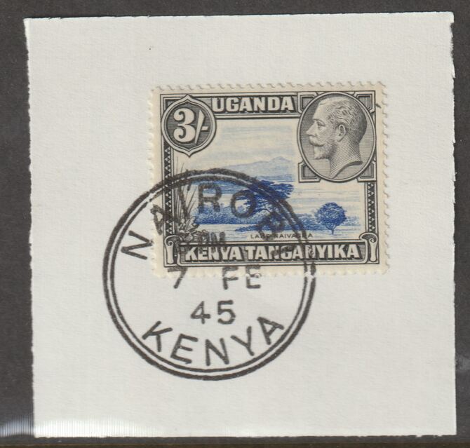 Kenya, Uganda & Tanganyika 1935 KG5 3s blue & black on piece cancelled with full strike of Madame Joseph forged postmark type 226, stamps on , stamps on  kg5 , stamps on forgeries