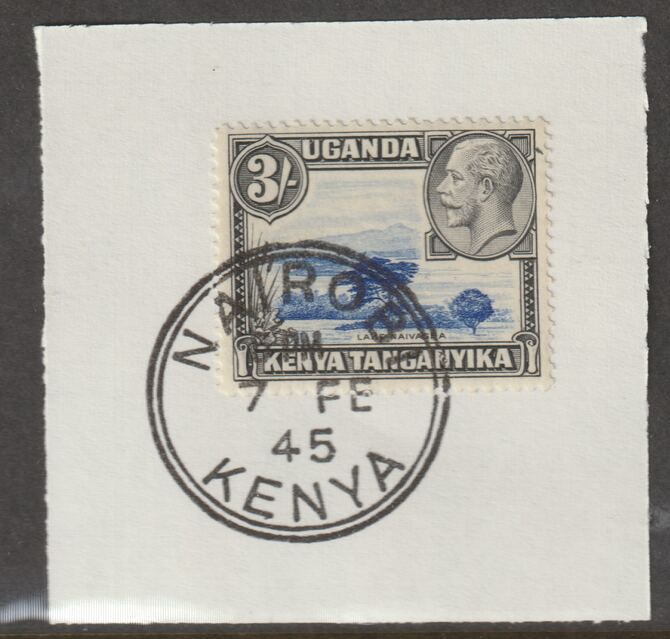 Kenya, Uganda & Tanganyika 1935 KG5 3s blue & black on piece cancelled with full strike of Madame Joseph forged postmark type 226, stamps on , stamps on  stamps on , stamps on  stamps on  kg5 , stamps on  stamps on forgeries