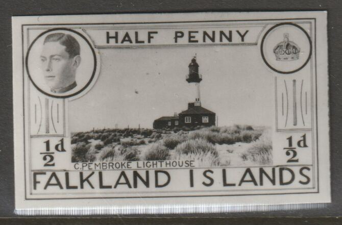 Falkland Islands 1936 KE8 1/2d Pembroke Lighthouse stamp-sized B&W photographic essay showing three-quarter portrait of Edward 8th, unissed due to abdication, stamps on lighthouses, stamps on  ke8 , stamps on 