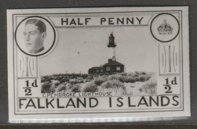 Falkland Islands 1936 KE8 1/2d Pembroke Lighthouse stamp-sized B&W photographic essay showing three-quarter portrait of Edward 8th, unissed due to abdication, stamps on , stamps on  stamps on lighthouses, stamps on  stamps on  ke8 , stamps on  stamps on 