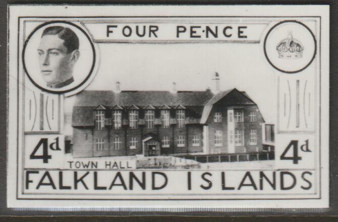 Falkland Islands 1936 KE8 4d Town Hall stamp-sized B&W photographic essay showing three-quarter portrait of Edward 8th, unissed due to abdication, stamps on , stamps on  ke8 , stamps on 