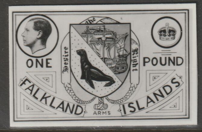 Falkland Islands 1936 KE8 Â£1 Arms stamp-sized B&W photographic essay showing three-quarter portrait of Edward 8th, unissed due to abdication, stamps on , stamps on  stamps on , stamps on  stamps on  ke8 , stamps on  stamps on arms