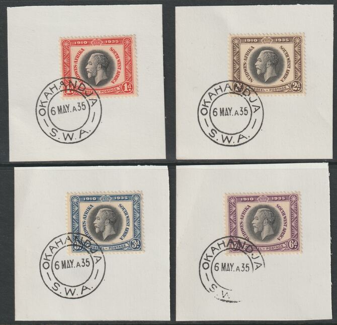 South West Africa 1935 KG5 Silver Jubilee set of 4 each on individual piece cancelled with full strike of Madame Joseph forged postmark type 400, stamps on . kg5 , stamps on silver jubilee