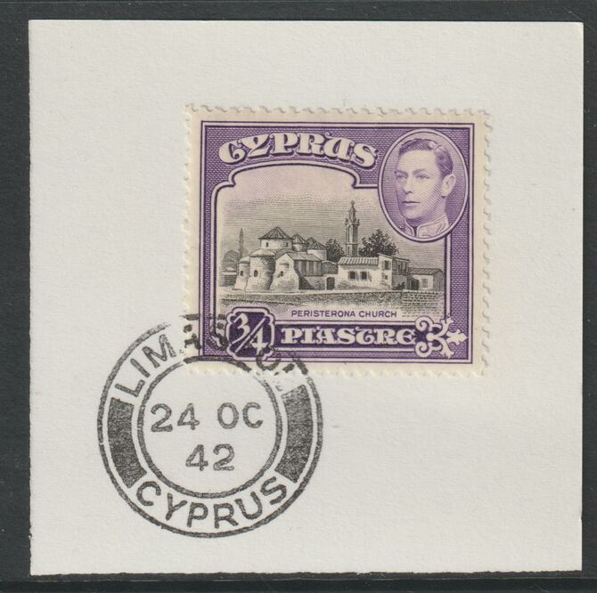 Cyprus 1938-51 KG6 Church of St Barnabas 3/4pi black & violet SG 153 on piece with full strike of Madame Joseph forged postmark type 137, stamps on , stamps on  stamps on , stamps on  stamps on  kg6 , stamps on  stamps on churches