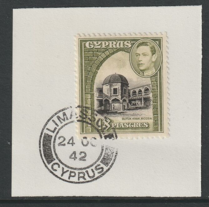 Cyprus 1938-51 KG6 Buyuk Khan 18pi black & olive SG 160 on piece with full strike of Madame Joseph forged postmark type 137, stamps on , stamps on  kg6 , stamps on churches