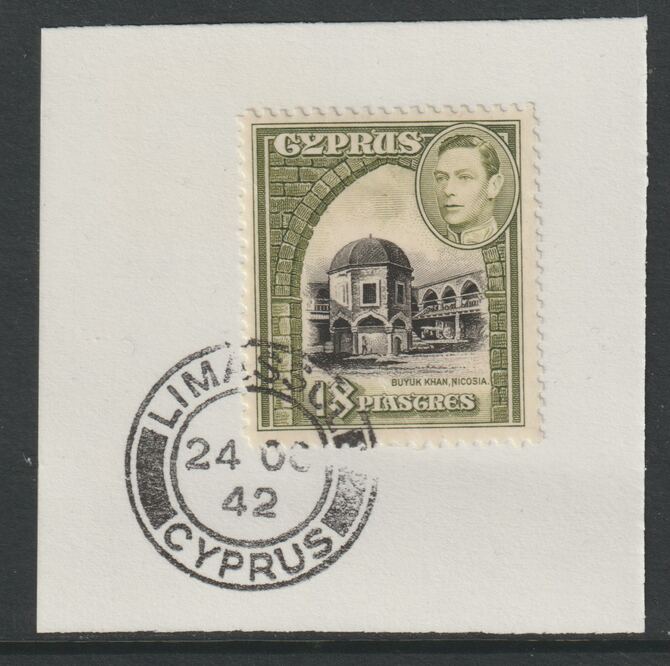 Cyprus 1938-51 KG6 Buyuk Khan 18pi black & olive SG 160 on piece with full strike of Madame Joseph forged postmark type 137, stamps on , stamps on  stamps on , stamps on  stamps on  kg6 , stamps on  stamps on churches