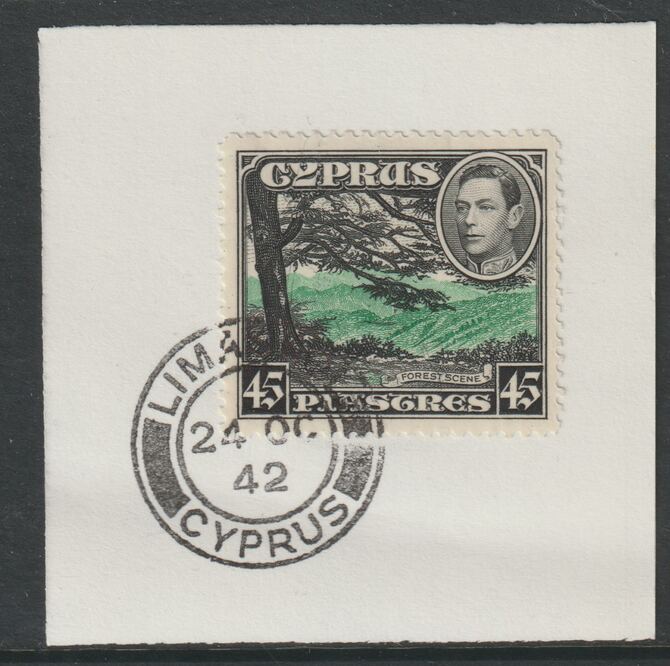 Cyprus 1938-51 KG6 Forest Scene 45pi black & olive SG 161 on piece with full strike of Madame Joseph forged postmark type 137, stamps on , stamps on  kg6 , stamps on churches