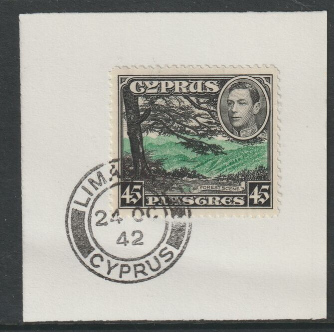 Cyprus 1938-51 KG6 Forest Scene 45pi black & olive SG 161 on piece with full strike of Madame Joseph forged postmark type 137, stamps on , stamps on  stamps on , stamps on  stamps on  kg6 , stamps on  stamps on churches