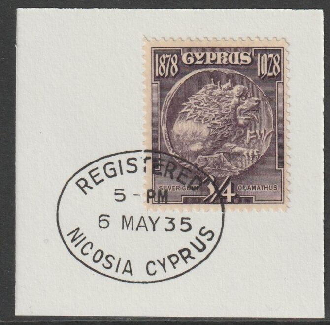 Cyprus 1928 KG5 50th Anniversary 3/4 pi dull purple,on piece with full strike of Madame Joseph forged postmark type 132, stamps on , stamps on  stamps on , stamps on  stamps on  kg5 , stamps on  stamps on coins