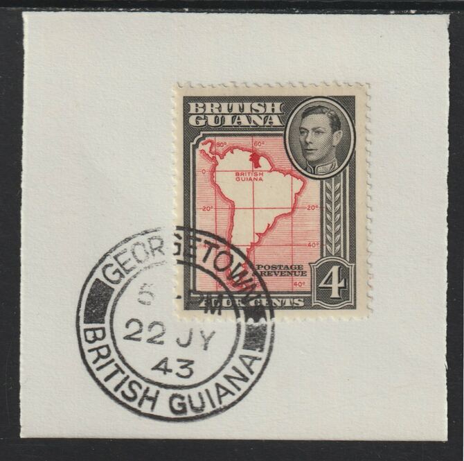 British Guiana 1938 KG6 Pictorial 4c Map(SG310) on piece with full strike of Madame Joseph forged postmark type 72, stamps on , stamps on  stamps on , stamps on  stamps on  kg6 , stamps on  stamps on forgeries, stamps on  stamps on waterfalls