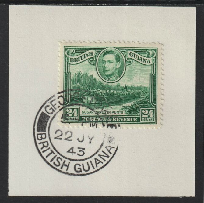 British Guiana 1938 KG6 Pictorial 24c Sugar Canes (SG312) on piece with full strike of Madame Joseph forged postmark type 72, stamps on , stamps on  stamps on , stamps on  stamps on  kg6 , stamps on  stamps on forgeries, stamps on  stamps on fishing, stamps on  stamps on archery