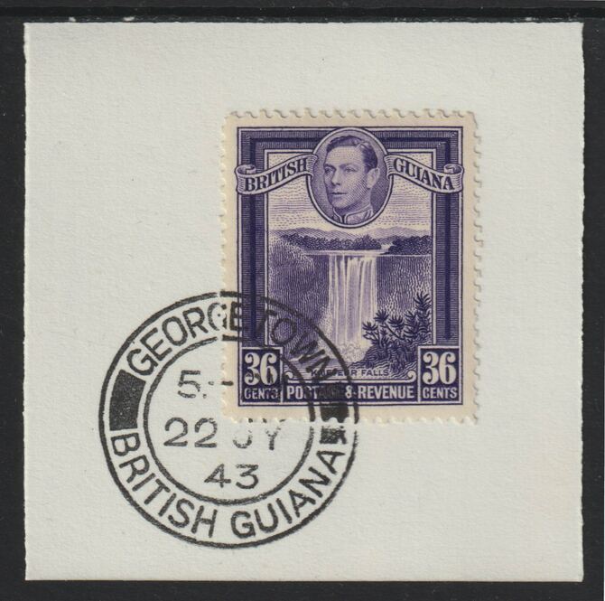 British Guiana 1938 KG6 Pictorial 36c Kaiteur Falls (SG313) on piece with full strike of Madame Joseph forged postmark type 72, stamps on , stamps on  kg6 , stamps on forgeries, stamps on waterfalls