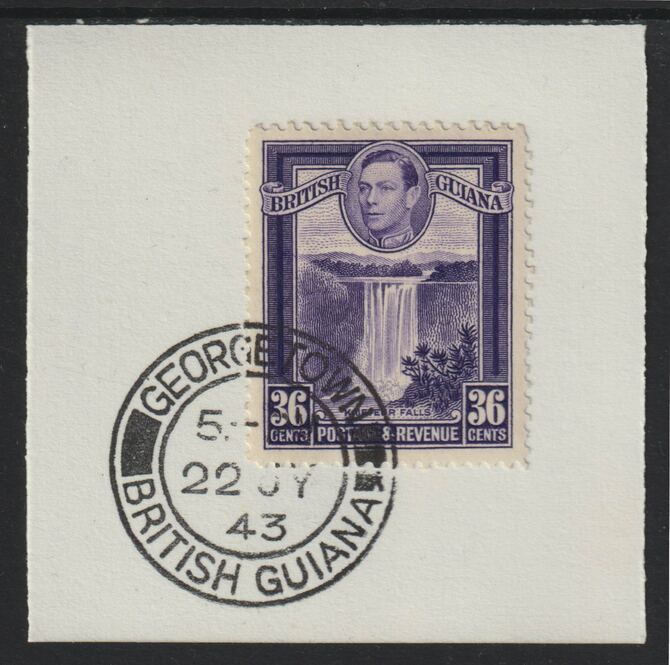 British Guiana 1938 KG6 Pictorial 36c Kaiteur Falls (SG313) on piece with full strike of Madame Joseph forged postmark type 72, stamps on , stamps on  stamps on , stamps on  stamps on  kg6 , stamps on  stamps on forgeries, stamps on  stamps on waterfalls