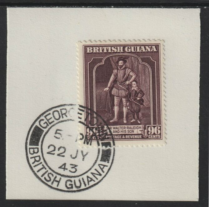 British Guiana 1938 KG6 Pictorial 96c Sir Walter Raleigh (SG316) on piece with full strike of Madame Joseph forged postmark type 72, stamps on , stamps on  kg6 , stamps on forgeries, stamps on explorers