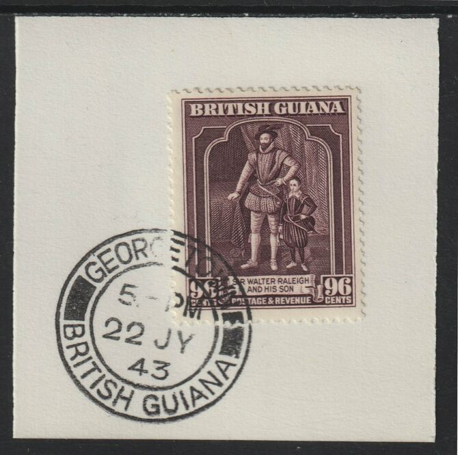 British Guiana 1938 KG6 Pictorial 96c Sir Walter Raleigh (SG316) on piece with full strike of Madame Joseph forged postmark type 72, stamps on , stamps on  stamps on , stamps on  stamps on  kg6 , stamps on  stamps on forgeries, stamps on  stamps on explorers