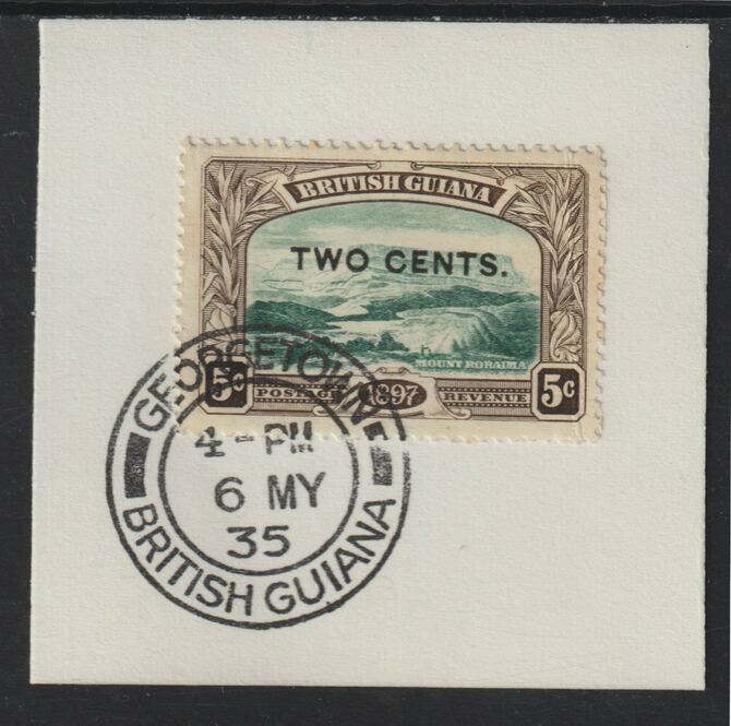 British Guiana 1899 Surcharged 2c on 5c Mount Roraima (SG222) on piece with full strike of Madame Joseph forged postmark type 72, stamps on , stamps on  kg6 , stamps on forgeries, stamps on mountains
