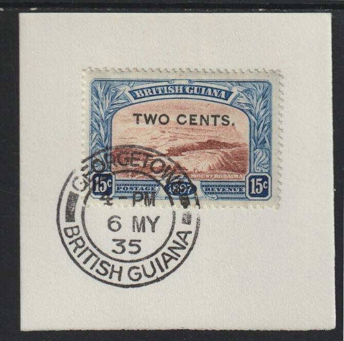 British Guiana 1899 Surcharged 2c on 15c Mount Roraima (SG224) on piece with full strike of Madame Joseph forged postmark type 72, stamps on , stamps on  kg6 , stamps on forgeries, stamps on mountains