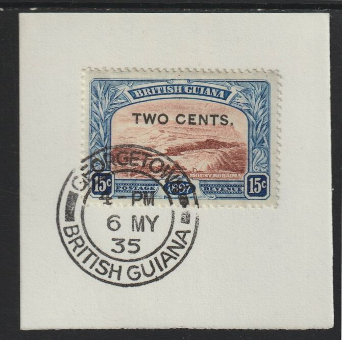 British Guiana 1899 Surcharged 2c on 15c Mount Roraima (SG224) on piece with full strike of Madame Joseph forged postmark type 72, stamps on , stamps on  stamps on , stamps on  stamps on  kg6 , stamps on  stamps on forgeries, stamps on  stamps on mountains