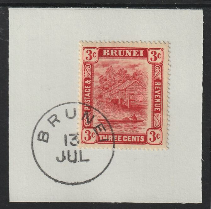 Brunei 1908 River Scene 3c scarlet (SG37) on piece with full strike of Madame Joseph forged postmark type 104, stamps on rivers