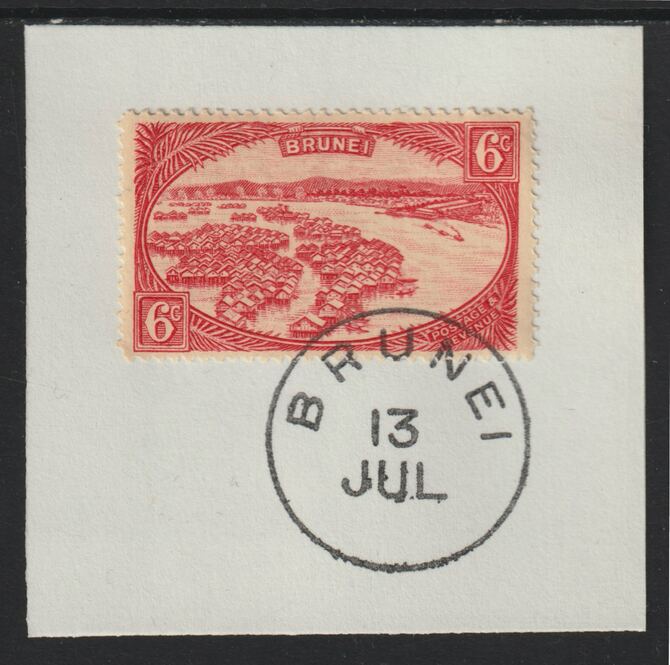 Brunei 1924 Water Village 6c scarlet (SG70) on piece with full strike of Madame Joseph forged postmark type 104, stamps on rivers