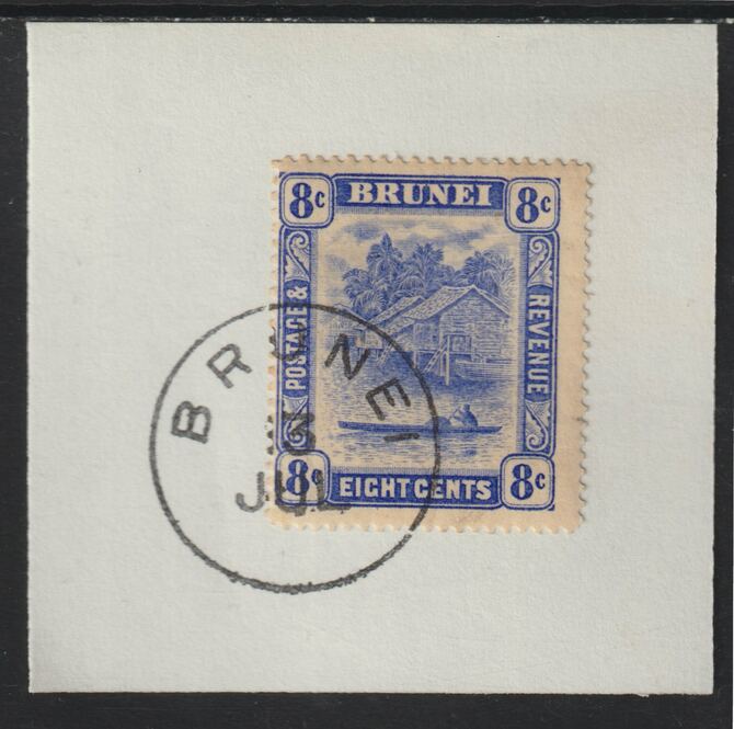 Brunei 1924 River Scene 8c ultramarine (SG71) on piece with full strike of Madame Joseph forged postmark type 104, stamps on rivers