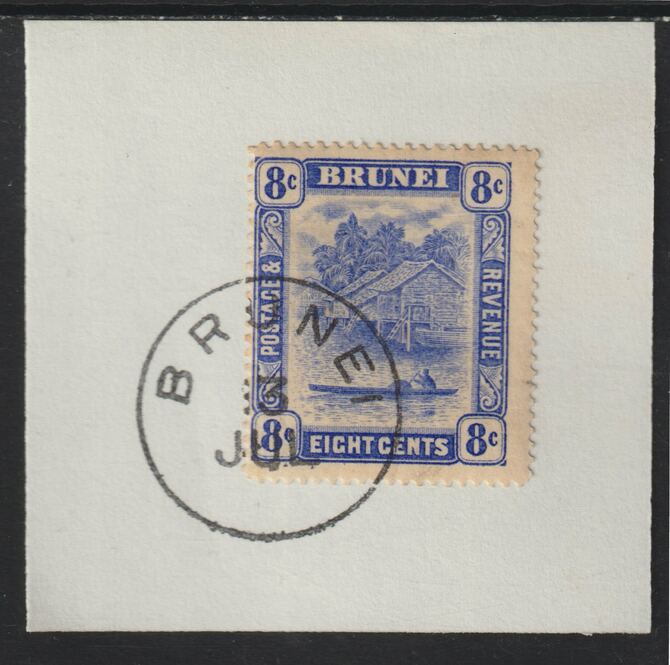 Brunei 1924 River Scene 8c ultramarine (SG71) on piece with full strike of Madame Joseph forged postmark type 104, stamps on , stamps on  stamps on rivers