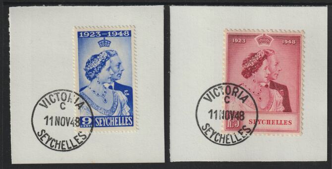 Seychelles 1948 KG6 Royal Silver Wedding set of 2 each on individual piece cancelled with full strike of Madame Joseph forged postmark type 389, stamps on royalty, stamps on  kg6 , stamps on forgeries, stamps on royal silver wedding