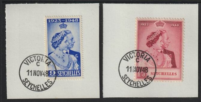 Seychelles 1948 KG6 Royal Silver Wedding set of 2 each on individual piece cancelled with full strike of Madame Joseph forged postmark type 389, stamps on , stamps on  stamps on royalty, stamps on  stamps on  kg6 , stamps on  stamps on forgeries, stamps on  stamps on royal silver wedding