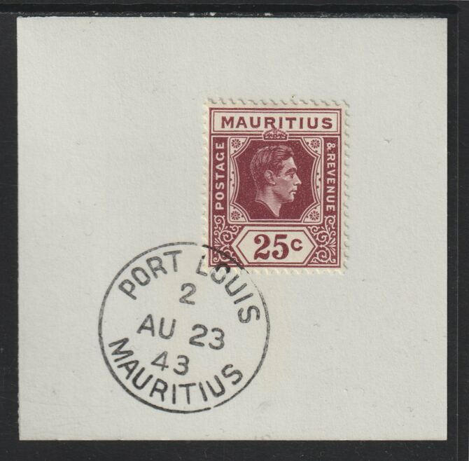 Mauritius 1938 KG6 25c brown-pirple on piece cancelled with full strike of Madame Joseph forged postmark type 255, stamps on , stamps on  kg6 , stamps on forgeries