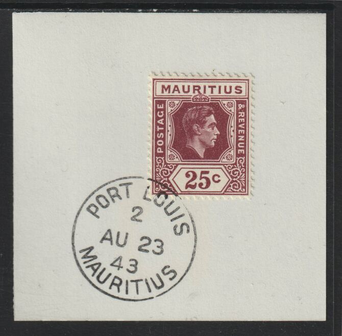 Mauritius 1938 KG6 25c brown-pirple on piece cancelled with full strike of Madame Joseph forged postmark type 255, stamps on , stamps on  stamps on , stamps on  stamps on  kg6 , stamps on  stamps on forgeries