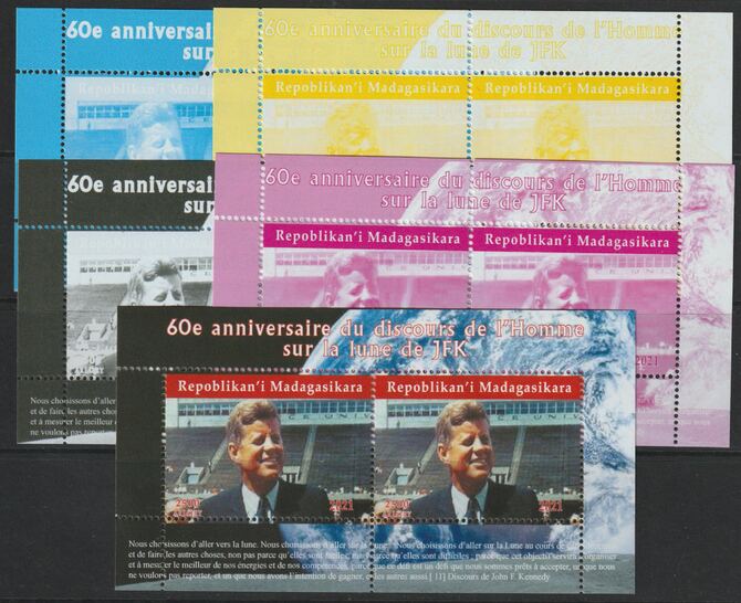 Madagascar 2021 60th Anniversary of Pres Kennedy;s Man on the Moon Speech #1 perf sheetlet containing 2 values - the set of 5 perf progressive proofs comprising the 4 individual colours plus all 4-colour composite, unmounted mint, stamps on personalities, stamps on us presidents, stamps on kennedy, stamps on space, stamps on apollo, stamps on americana, stamps on 